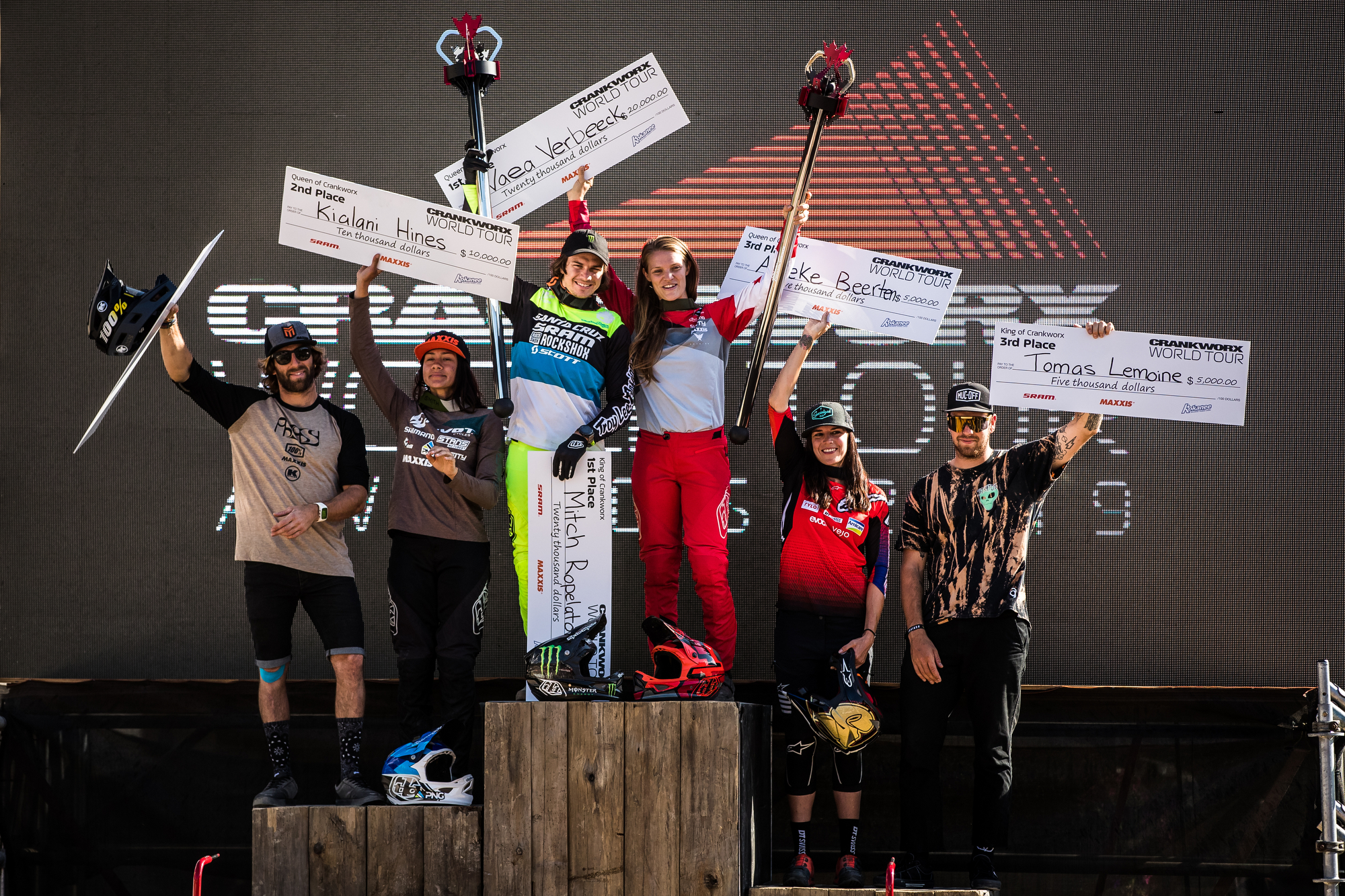 Vaea Verbeeck stands tall on the podium as the new Queen of Crankworx.